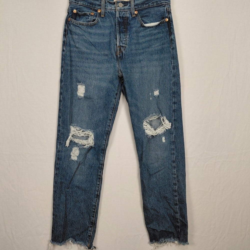 Womens Size 27 Levis Dark Wash High Rise Wedgie Straight Distressed Button Fly